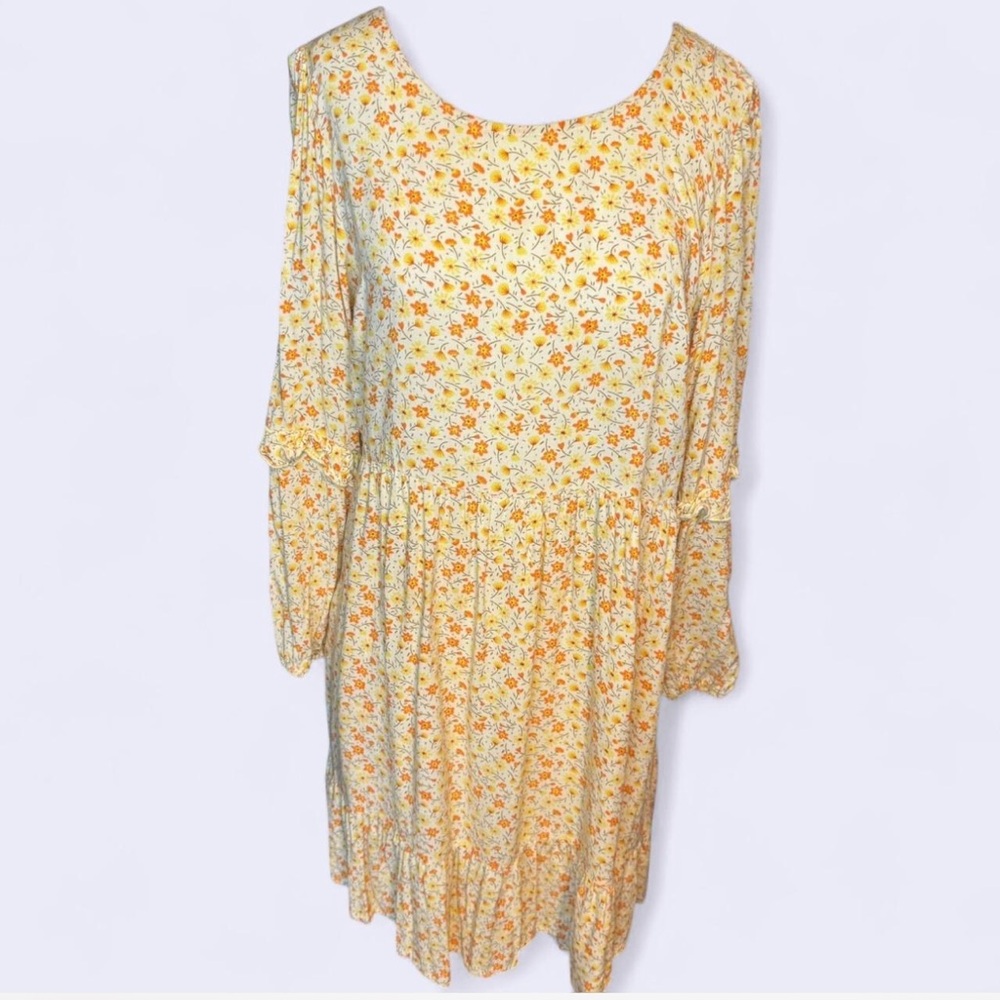 Haven Hearts yellow floral babydoll dress long sleeve 100% rayon size medium